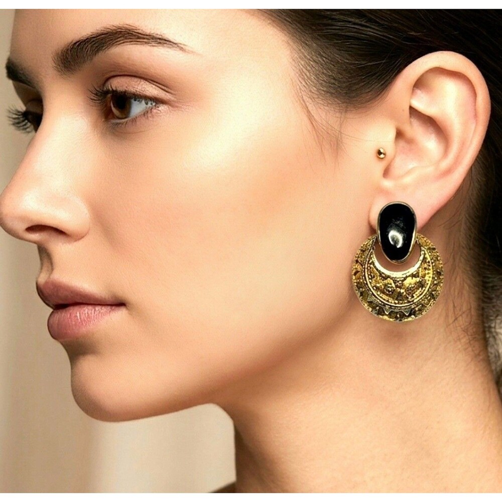 Vintage 80s Gold Tone Ornate Etched Door Knocker Earrings Black Enamel Pierced